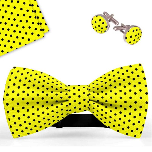 Set papion barbati, batista, butoni, galben, buline negre mici